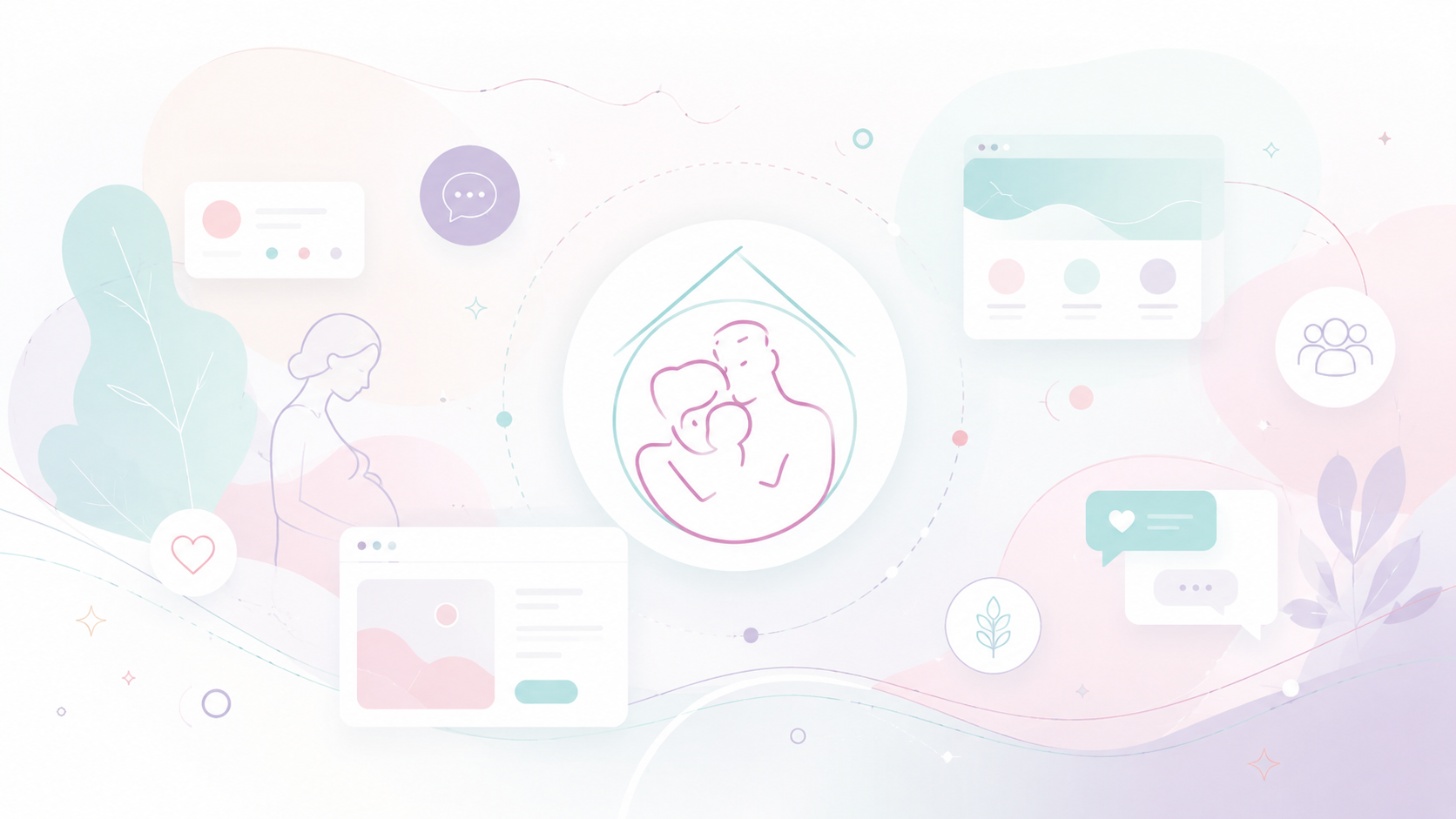 Illustration abstraite de la transformation numérique de la Maison de Naissance PHAM, avec son logo au centre et des éléments représentant le site Odoo, le blog, le live chat, le marketing social et l’automatisation des demandes.