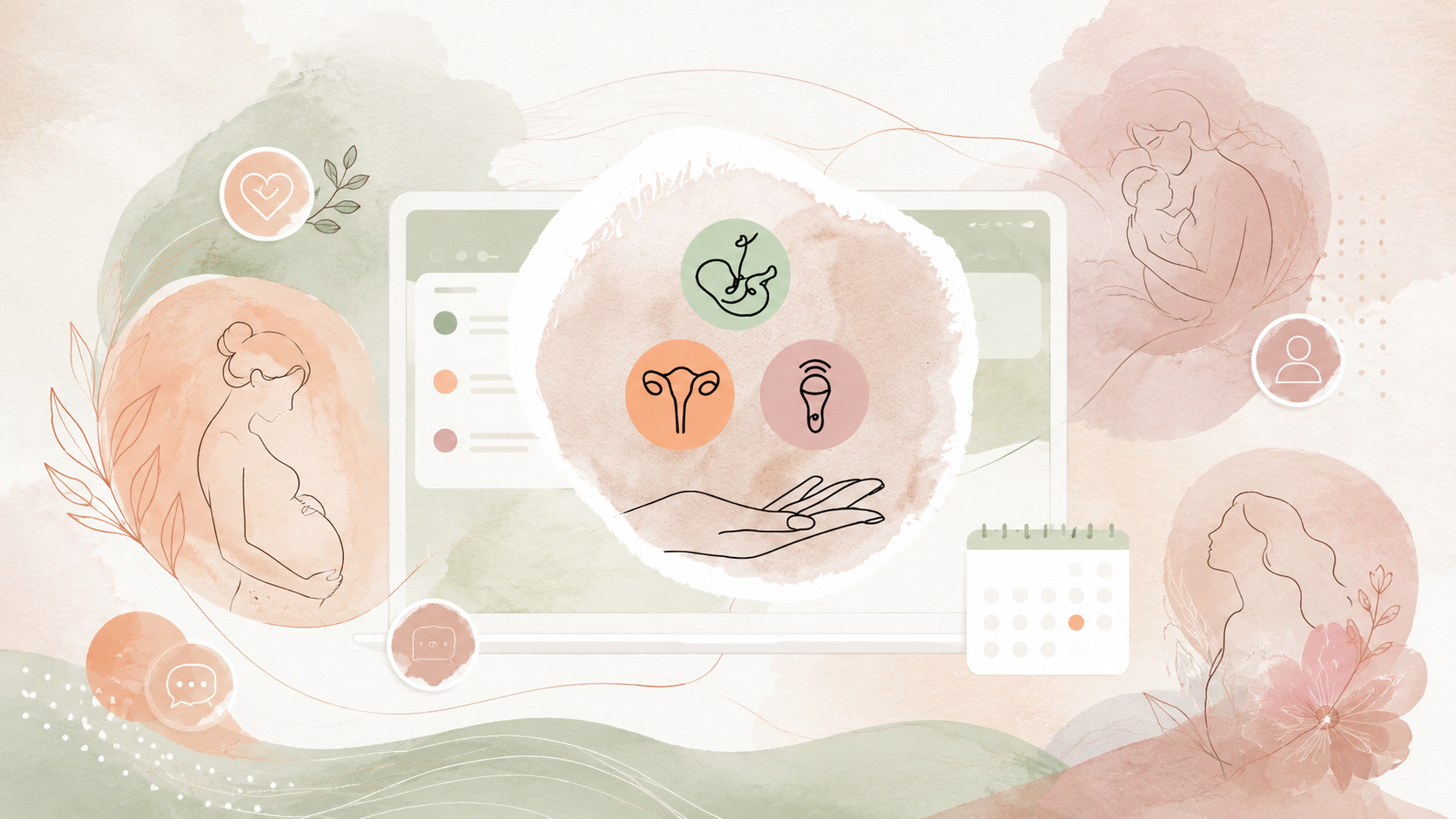 Illustration abstraite du site des sages-femmes de Villefontaine, avec leur logo au centre et des éléments évoquant les activités du cabinet, la prise de rendez-vous et la communication numérique.